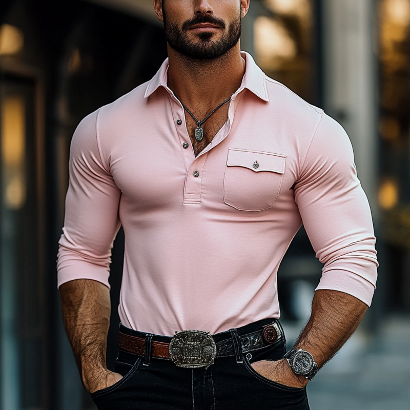 Men's Fashion Slim Fit Chest Pocket Long Sleeve Polo Shirt 9894195593400