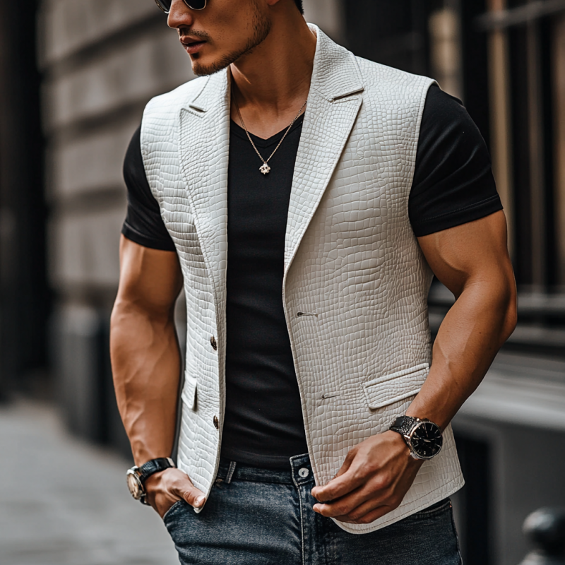 Men's Vintage Matte Crocodile Leather Peaked Lapel Single Breasted Vest 9903593554104