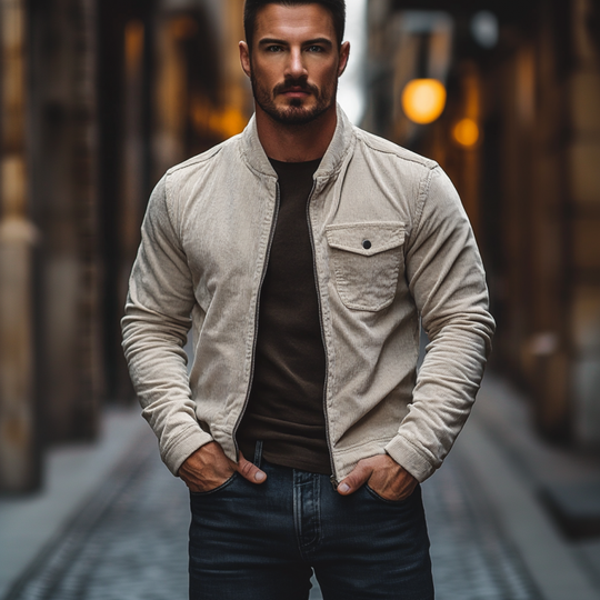 Men's Casual Stand Collar Corduroy Zip-up Slim Shirt Jacket 9899714609336
