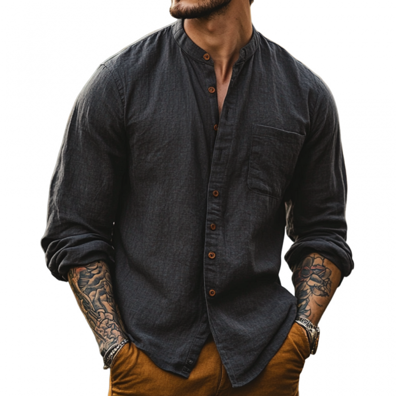 Men's Casual Cotton Linen Stand Collar Loose Long Sleeve Shirt 9899723129016