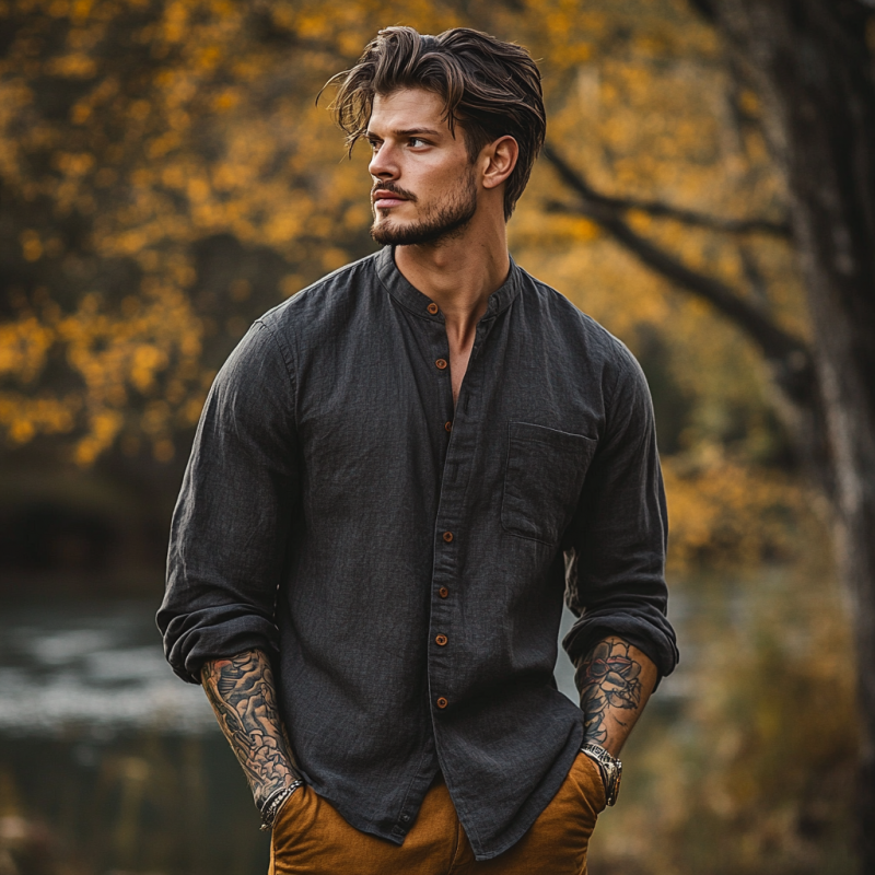 Men's Casual Cotton Linen Stand Collar Loose Long Sleeve Shirt 9899723129016