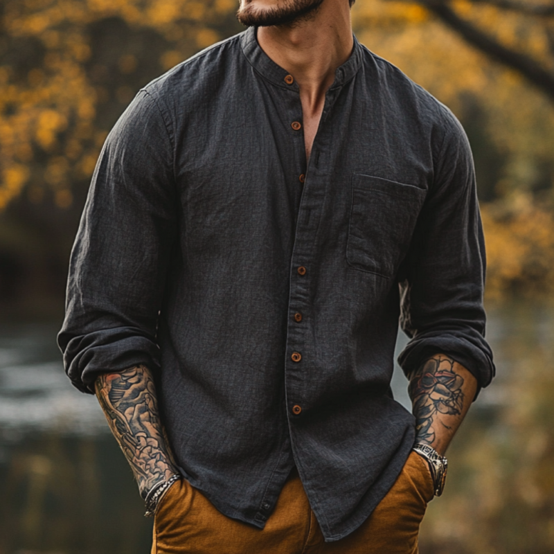 Men's Casual Cotton Linen Stand Collar Loose Long Sleeve Shirt 9899723129016