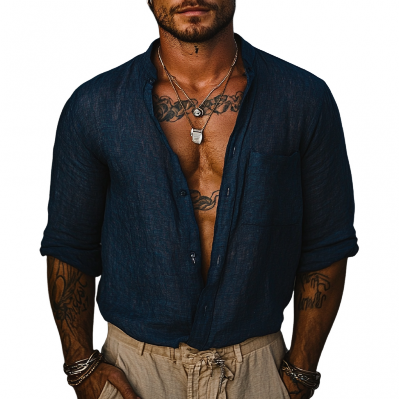 Men's Casual Linen Stand Collar Loose Long Sleeve Shirt 9899714445496