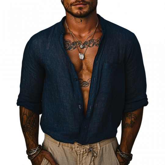 Men's Casual Linen Stand Collar Loose Long Sleeve Shirt 9899714445496