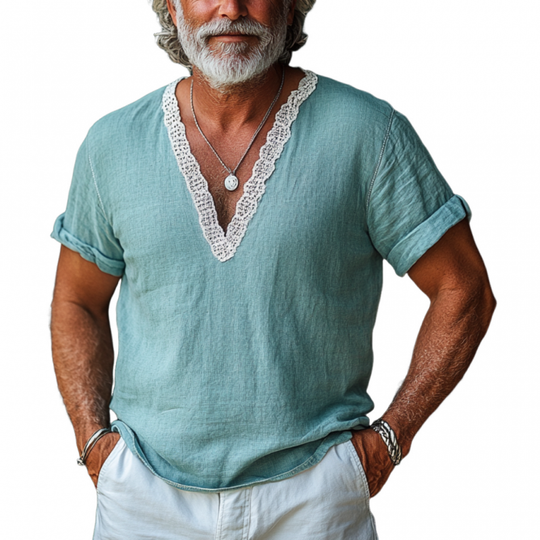 Men's Casual V-neck Cotton and Lace Trim Short-sleeved Shirt 9903593586872