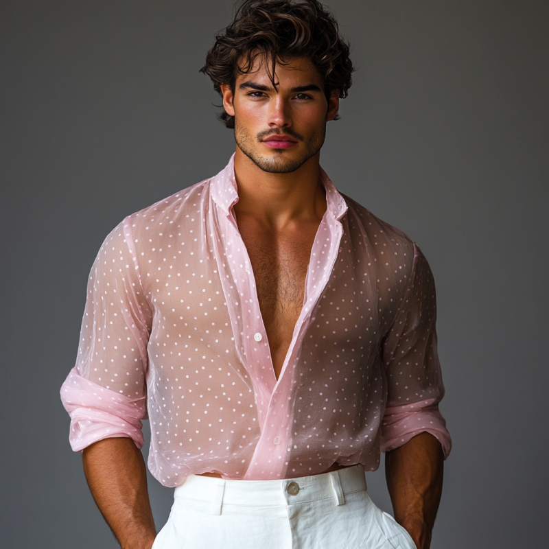 Men's Stylish Polka Dot Transparent Chiffon Lapel Long Sleeve Shirt 9899721949368