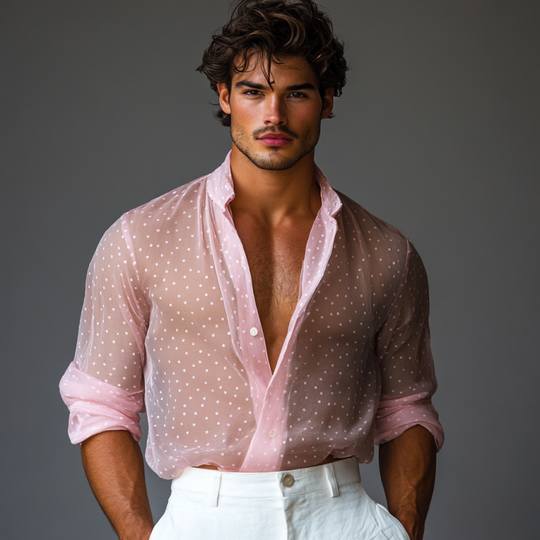Men's Stylish Polka Dot Transparent Chiffon Lapel Long Sleeve Shirt 9899721949368