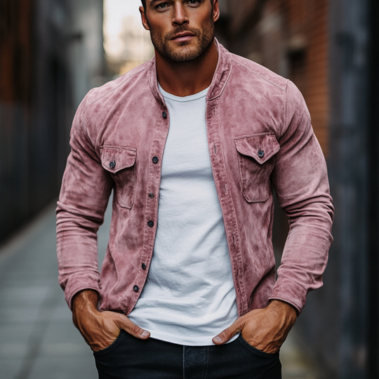 Men's Fashion Suede Crew Neck Double Chest Pockets Long Sleeve Shirt 9899721588920