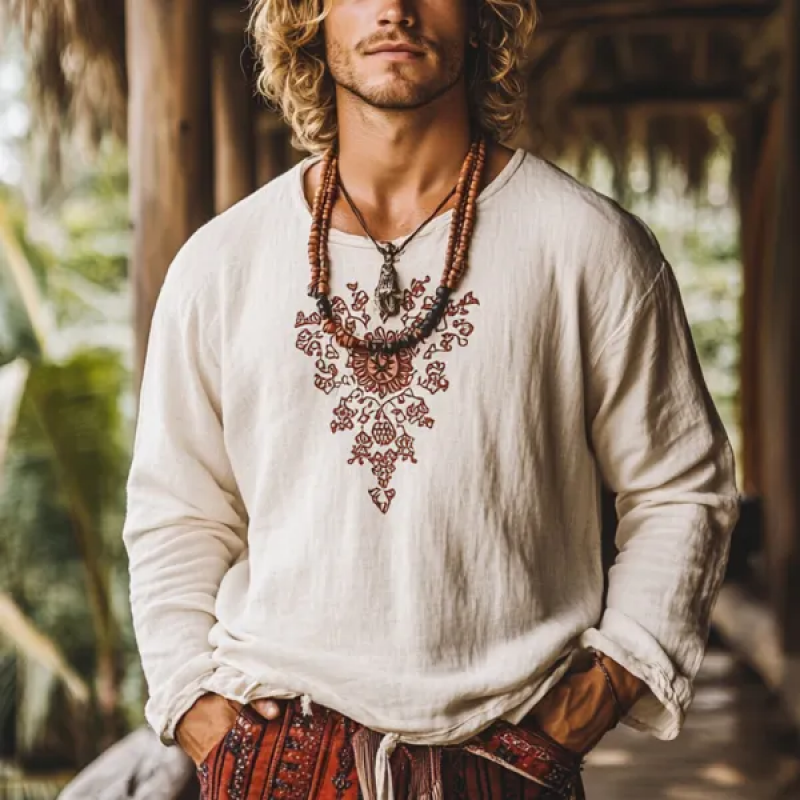 Men's Vintage Embroidery Cotton and Linen Round Neck Long Sleeve Shirt 9899721326776