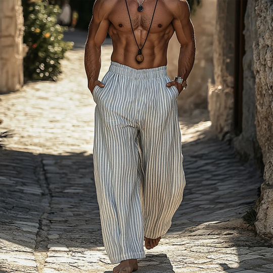 Men's Retro Cotton And Linen Stripes Vacation Elastic Waist Wide Leg Pants 9899721195704