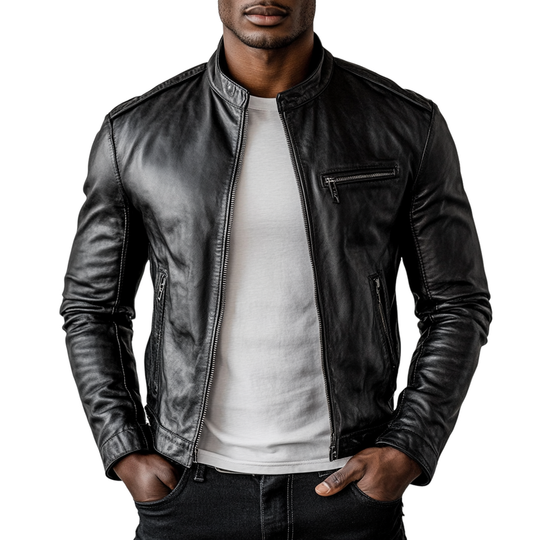 Men's Casual Stand Collar Zipper Slim Fit PU Leather Jacket 9899723653304