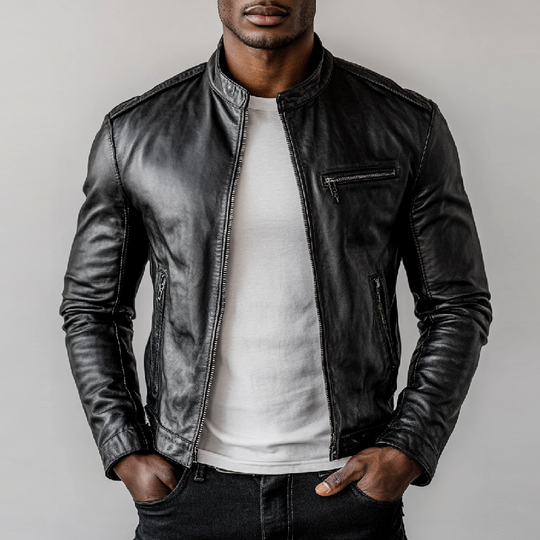 Men's Casual Stand Collar Zipper Slim Fit PU Leather Jacket 9899723653304