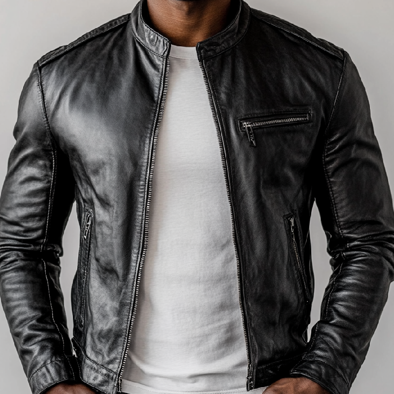 Men's Casual Stand Collar Zipper Slim Fit PU Leather Jacket 9899723653304