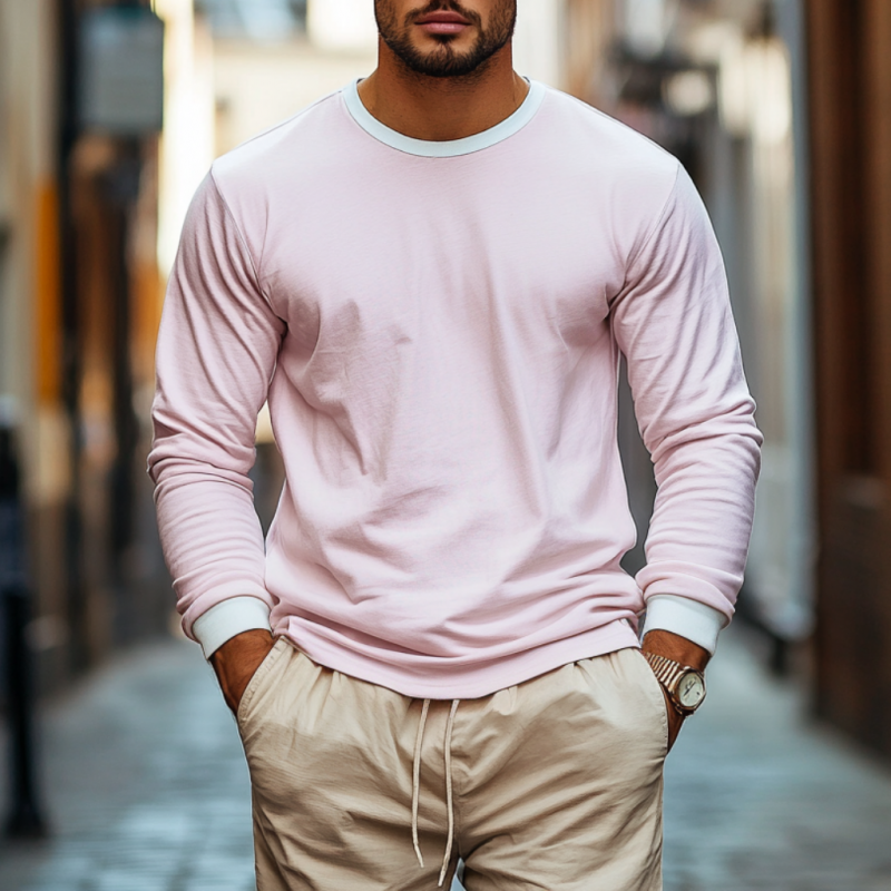 Men's Casual Round Neck Cotton Colorbock Loose Long Sleeve T-shirt 9899714805944