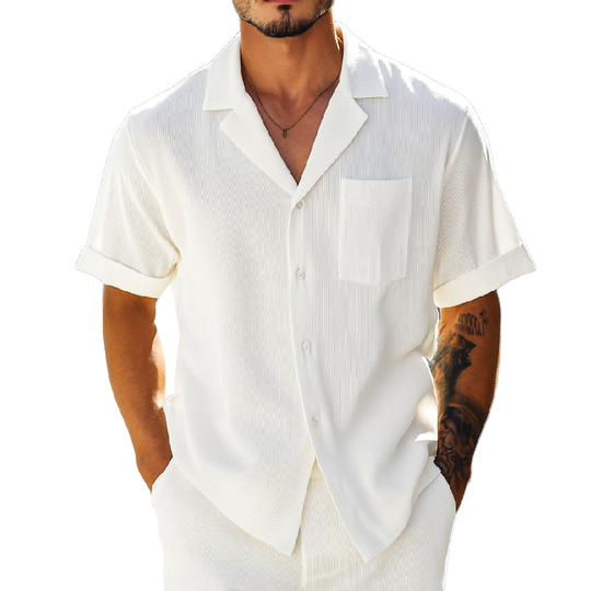 Men's Casual Ribbed Lapel Patch Pocket Loose Short-sleeved Shirt 9901325418680