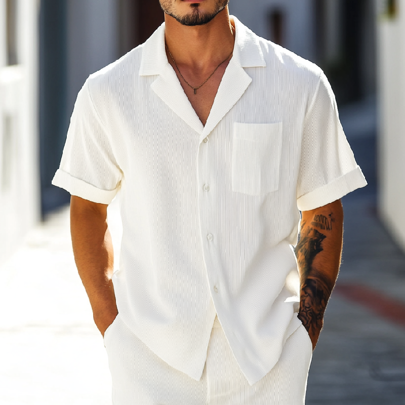 Men's Casual Ribbed Lapel Patch Pocket Loose Short-sleeved Shirt 9901325418680