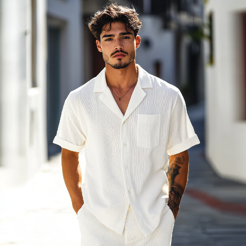 Men's Casual Ribbed Lapel Patch Pocket Loose Short-sleeved Shirt 9901325418680