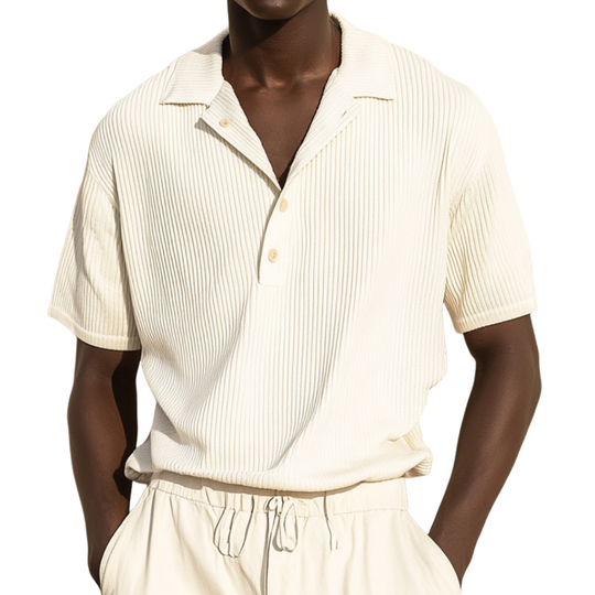 Men's Casual Cotton Blended Ribbed Lapel Loose Short-sleeved Polo Shirt 9901325385912