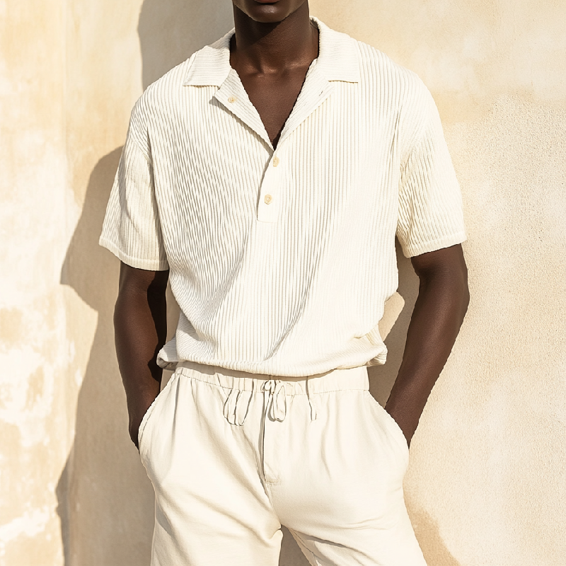 Men's Casual Cotton Blended Ribbed Lapel Loose Short-sleeved Polo Shirt 9901325385912