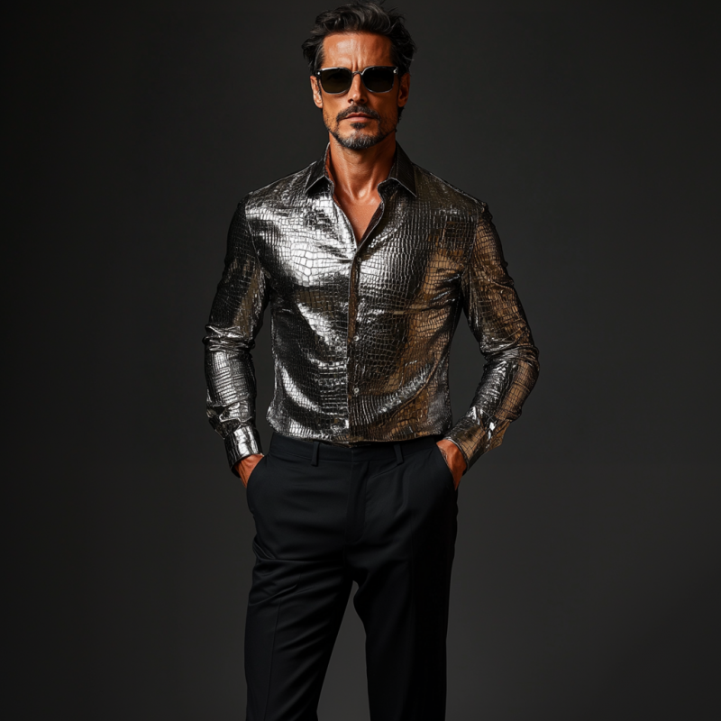 Men's Fashion Casual Slim Fit Textured Leather Long Sleeve Shirt 9899714085048
