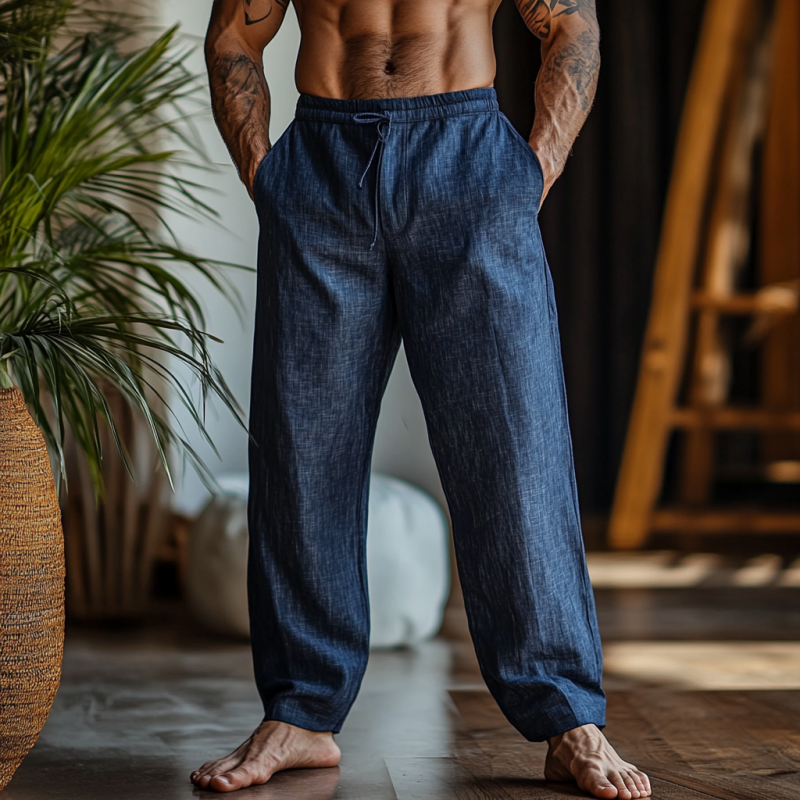 Men's Solid Color Loose Cotton And Linen Elastic Waist Casual Pants 9901320175800