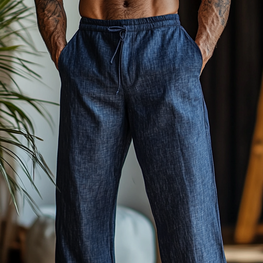 Men's Solid Color Loose Cotton And Linen Elastic Waist Casual Pants 9901320175800