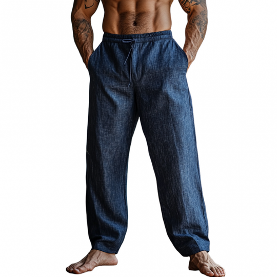Men's Solid Color Loose Cotton And Linen Elastic Waist Casual Pants 9901320175800