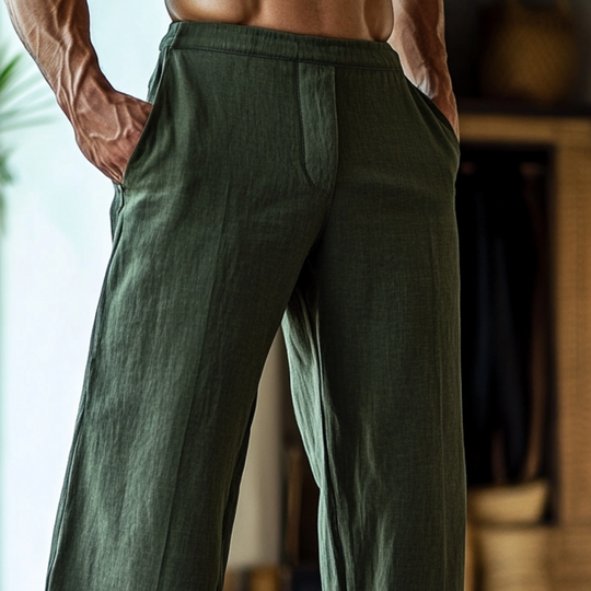 Men's Solid Color Loose Cotton And Linen Elastic Waist Casual Pants 9901319913656
