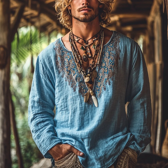 Men's Bohemian Print V Neck Long Sleeve Loose Fit Shirt 9901319553208
