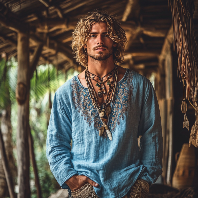 Men's Bohemian Print V Neck Long Sleeve Loose Fit Shirt 9901319553208