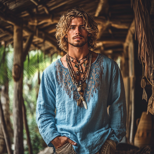 Men's Bohemian Print V Neck Long Sleeve Loose Fit Shirt 9901319553208