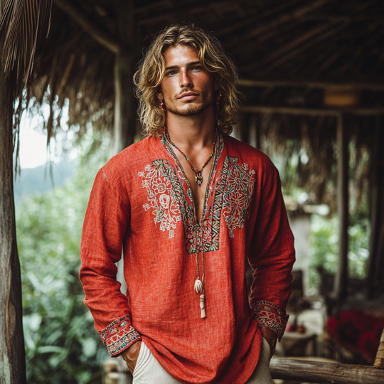 Men's Bohemian Print V Neck Long Sleeve Loose Fit Shirt 9901319585976
