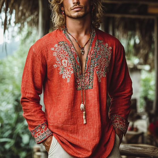 Men's Bohemian Print V Neck Long Sleeve Loose Fit Shirt 9901319585976