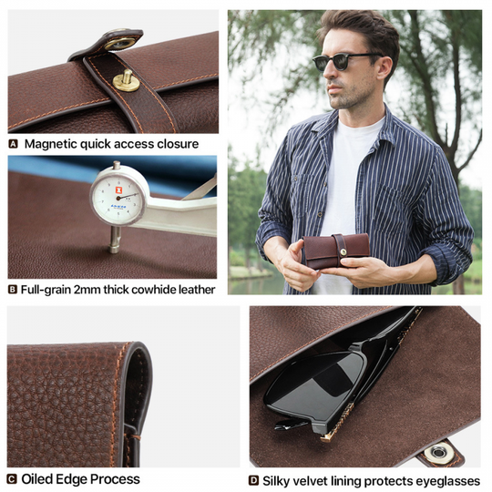 Men's Portable Handmade Top Layer Cowhide Magnetic Buckle Glasses Storage Bag 9901318635704