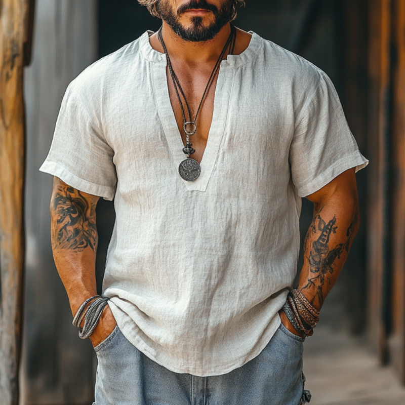 Men's Casual Linen V-neck Loose Short Sleeve Shirt 9912945574072