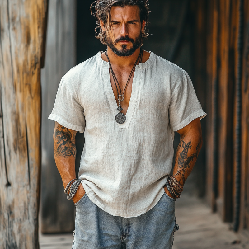 Men's Casual Linen V-neck Loose Short Sleeve Shirt 9912945574072