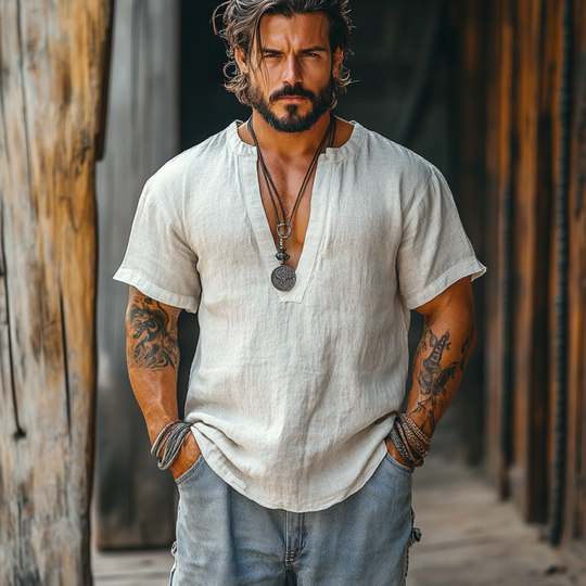Men's Casual Linen V-neck Loose Short Sleeve Shirt 9912945574072