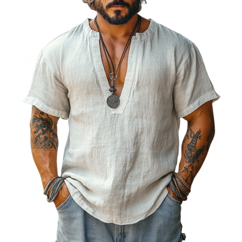 Men's Casual Linen V-neck Loose Short Sleeve Shirt 9912945574072