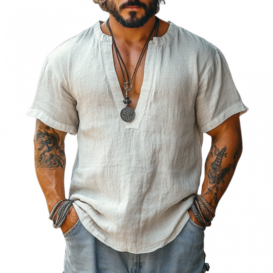Men's Casual Linen V-neck Loose Short Sleeve Shirt 9912945574072