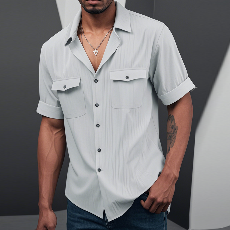 Men's Casual Cotton Linen Cuban Collar Chest Pocket Short Sleeve Shirt 9912945508536