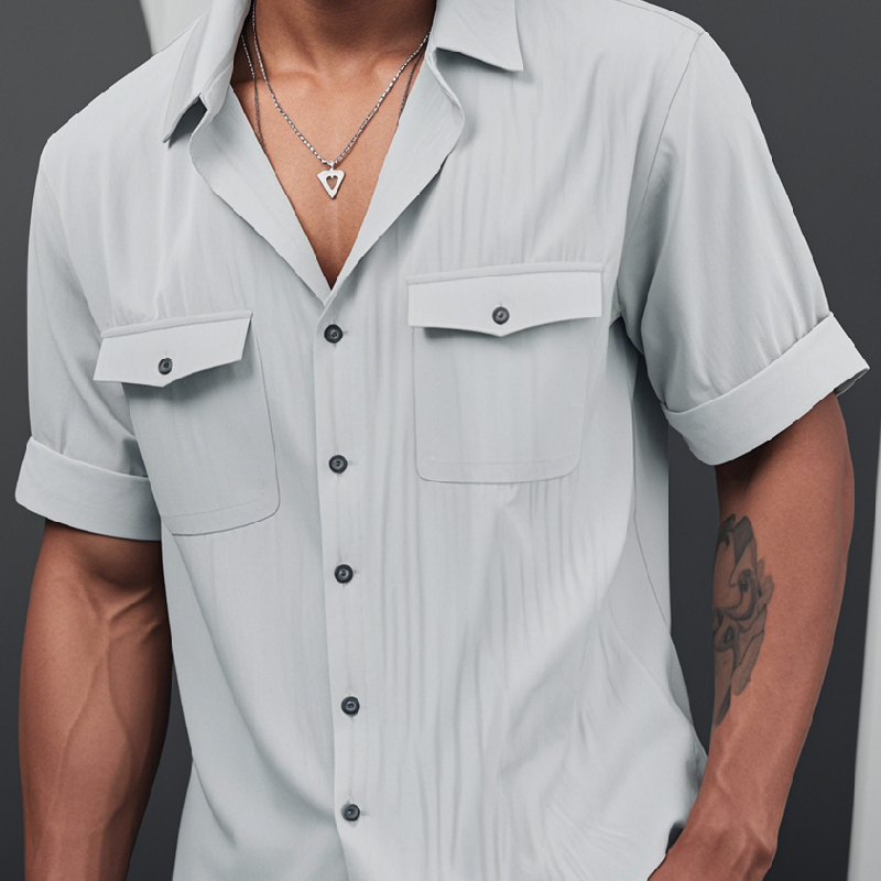 Men's Casual Cotton Linen Cuban Collar Chest Pocket Short Sleeve Shirt 9912945508536