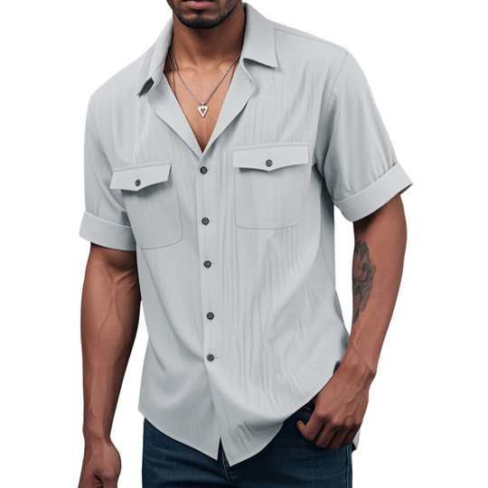 Men's Casual Cotton Linen Cuban Collar Chest Pocket Short Sleeve Shirt 9912945508536