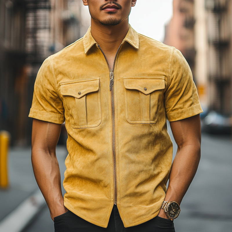 Men's Retro Casual Slim Lapel Multi-Pocket Suede Short Sleeve Shirt 9903595487416
