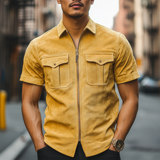 Men's Retro Casual Slim Lapel Multi-Pocket Suede Short Sleeve Shirt 9903595487416