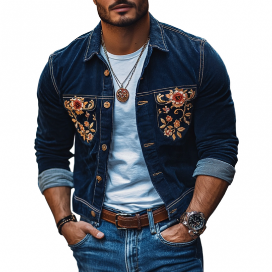 Men's Casual Corduroy Embroidered Lapel Single Breasted Slim Shirt Jacket 9907264291000