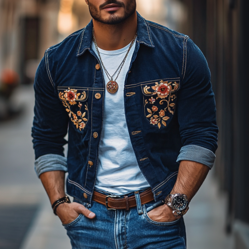 Men's Casual Corduroy Embroidered Lapel Single Breasted Slim Shirt Jacket 9907264291000