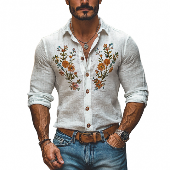 Men's Casual Linen Embroidered Lapel Slim Fit Long Sleeve Shirt 9907264094392