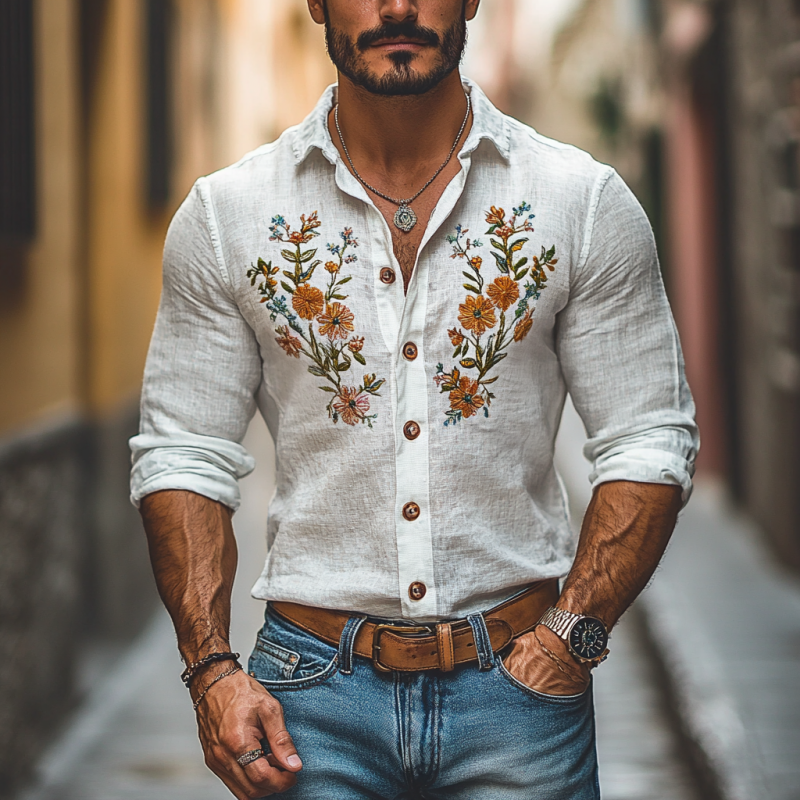 Men's Casual Linen Embroidered Lapel Slim Fit Long Sleeve Shirt 9907264094392