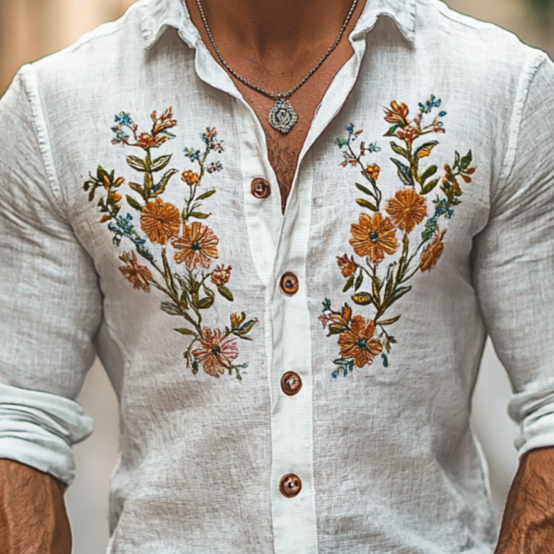 Men's Casual Linen Embroidered Lapel Slim Fit Long Sleeve Shirt 9907264094392