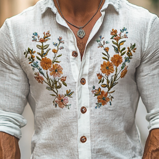 Men's Casual Linen Embroidered Lapel Slim Fit Long Sleeve Shirt 9907264094392